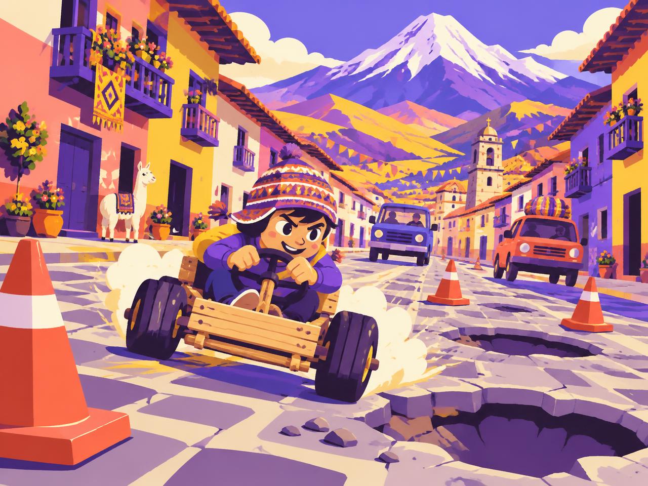 Carrito de madera esquivando baches en una calle andina
